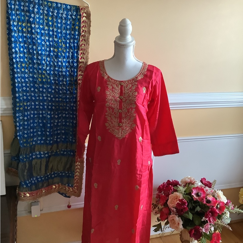 Charming Red Kids Dress with Gold Detailing